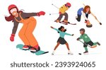 Children Joyfully Glide On Sparkling Snow, Bundled In Colorful Winter Gear, Gracefully Mastering The Art Of Ice Skating, Snowboarding, Hockey and Curling Winter Sports. Cartoon Vector Illustration