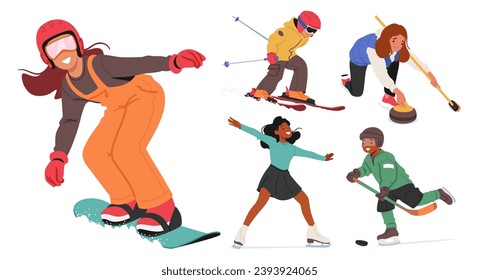 Children Joyfully Glide On Sparkling Snow, Bundled In Colorful Winter Gear, Gracefully Mastering The Art Of Ice Skating, Snowboarding, Hockey and Curling Winter Sports. Cartoon Vector Illustration