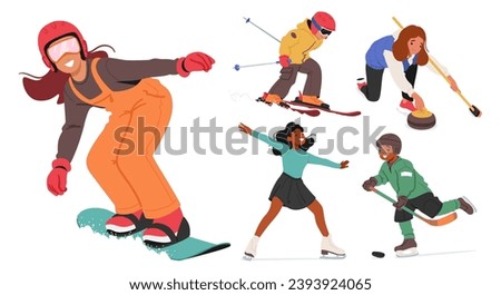 Children Joyfully Glide On Sparkling Snow, Bundled In Colorful Winter Gear, Gracefully Mastering The Art Of Ice Skating, Snowboarding, Hockey and Curling Winter Sports. Cartoon Vector Illustration