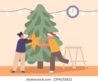 Children Joyfully Hanging Ornaments, And Placing Colorful Star On A Sparkling Christmas Tree Top, Vector Illustration