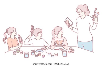 Children are joyfully participating in an engaging arts and crafts session guided by a skilled mentor