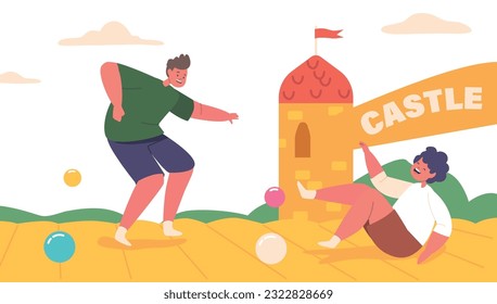Children Joyfully Playing On Colorful Inflatable Attractions, Bouncing, Sliding, And Laughing, Vector Illustration