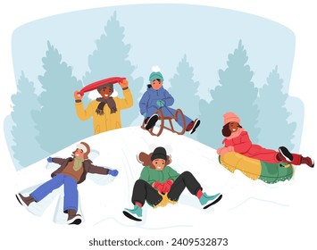 Children Joyfully Sled Down Snowy Hills, Their Laughter Echoing In Crisp Winter Air. Colorful Scarves Trail Behind Them As They Navigate The Glistening, Snow-covered Landscape With Pure Exhilaration
