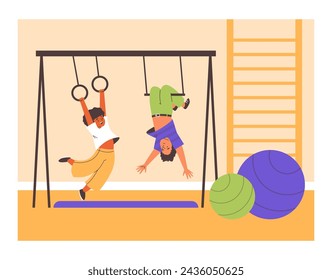 Los niños se involucran alegremente con los anillos de gimnasia en un gimnasio interior, rodeado de bolas de colores y equipo de gimnasio, ilustrado en un estilo de vector vibrante