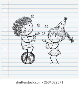Children juggling and balancing on a unicycle