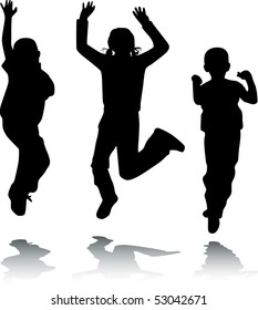 Children jump, happy kids, vector black & white