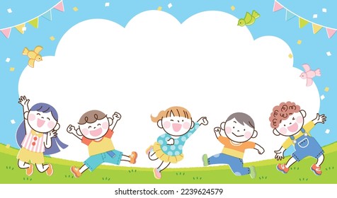 Children jump illustration banner frame (rectangular version)