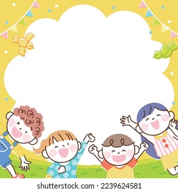 Children jump illustration banner frame (square, zoom, yellow version)