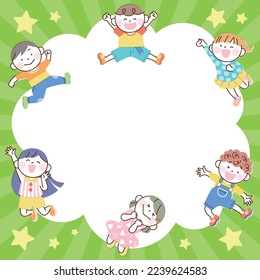 Children jump illustration banner frame green version