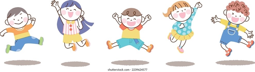 Children jump illustration set White back 5 people version