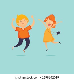 Children jump for joy, characters. Flat design vector illustration.	
