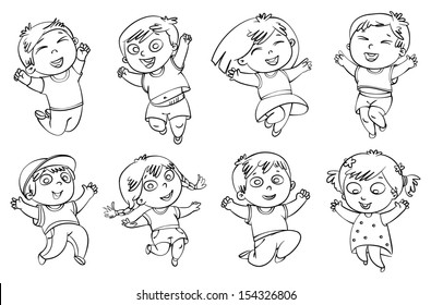Children jump for joy. Coloring book. Vector illustration. Isolated on white background. Set