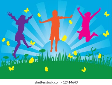 Children jump on a meadow, vector