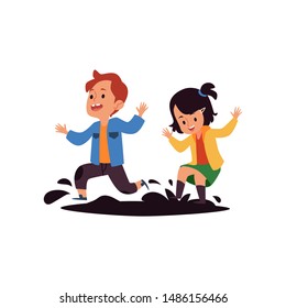 Children jump in puddles the bad kids behavior cartoon characters flat vector illustration isolated on white background. Little undisciplined boy and girl cause trouble.