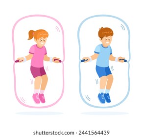 Children Jump Rope Workout Set Cartoon Illustration Vector
