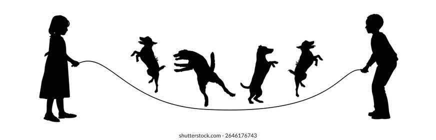 Children Jump Roping with Dogs Silhouette - Fun, Active Childhood, Pet Play	