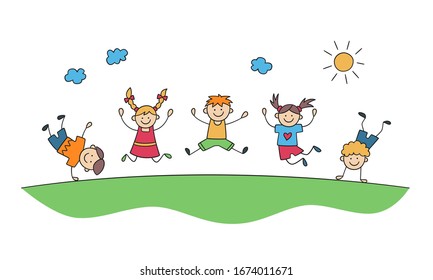 Children jump together. Funny jumping kids. Happy childhood. Doodle hand drawn vector illustration