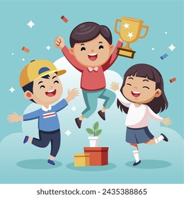 The children jumped happily to win the competition