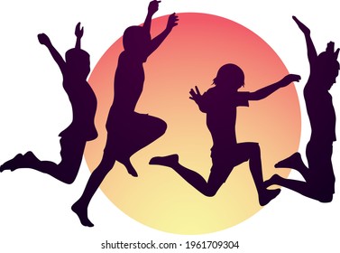 Children jumping in the air. Happy children playing in joy. Happy kids running.