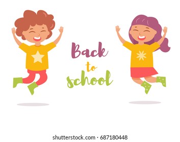 Children jumping. Back to school. Isolated art on white background. Vector. Cartoon. Flat