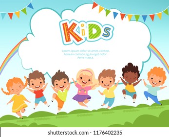 Niños saltando de fondo. Niños felices jugando hombres y mujeres en la plantilla de vector de patio de juegos con lugar para tu texto. Feliz niña y niño, jueguen a salto divertido, amistad e ilustración infantil