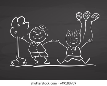 Children jumping with ballons. Drawing on chalkboard. Handdrawn vector sketch, clean outlines, vintage style blackboard.