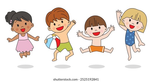 children jumping in bathing suit holiday summer vacation beach swimming pool swimwear happy and smiling in different races cute kawaii illustration japanese cartoon style drawing decorative isolated