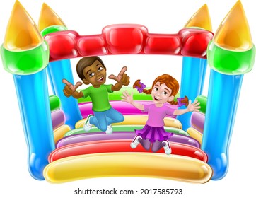 Children jumping and bouncing on a kids bouncy inflatable castle house