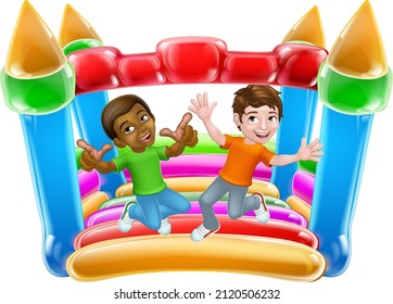 Children jumping and bouncing on a kids bouncy inflatable castle house 