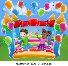 Children jumping and bouncing on a kids bouncy inflatable castle house 