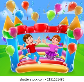 Children Jumping And Bouncing On A Kids Bouncy Inflatable Castle House 