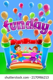 Children Jumping And Bouncing On A Kids Bouncy Inflatable Castle House 