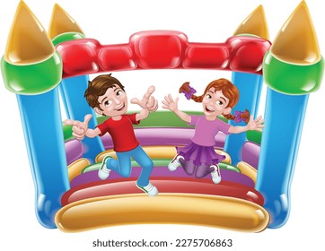 Children jumping and bouncing on a kids bouncy inflatable castle house 