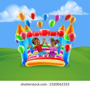 Children jumping and bouncing on a kids bouncy inflatable castle house 