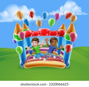 Children jumping and bouncing on a kids bouncy inflatable castle house 
