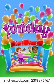 Children jumping and bouncing on a kids bouncy inflatable castle house 