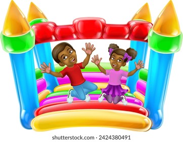 Children jumping and bouncing on a kids bouncy inflatable castle house 