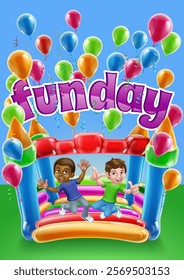 Children jumping and bouncing on a kids bouncy inflatable castle house 