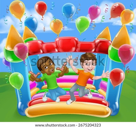  Children jumping and bouncing on a kids bouncy inflatable castle house 