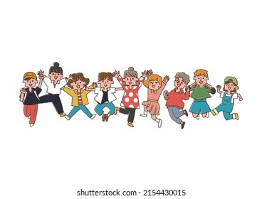 Niños saltando alegremente lado a lado Ilustraciones cálidas escritas a mano de personas