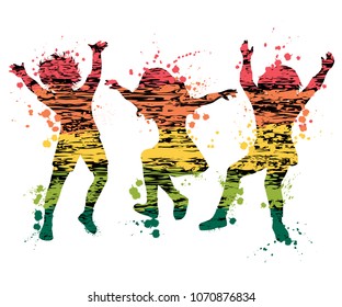 Children jumping. Colorful grunge silhouettes with splashes in watercolor style. Vector illustration 