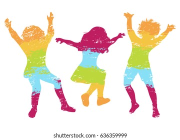 Children jumping. Colorful grunge silhouettes. Vector illustration