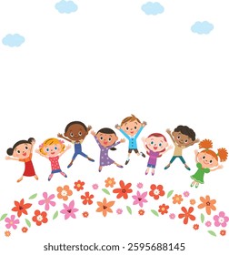 Children jumping in a flower field