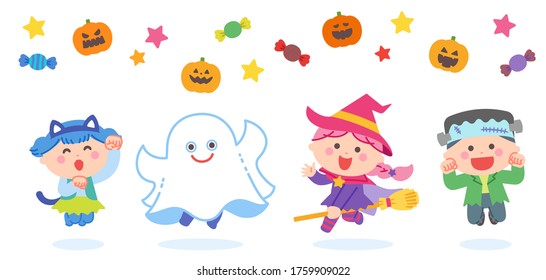 Children jumping in Halloween ghost costumes