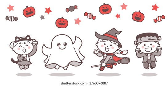 Children jumping in Halloween ghost costumes / Two Colors