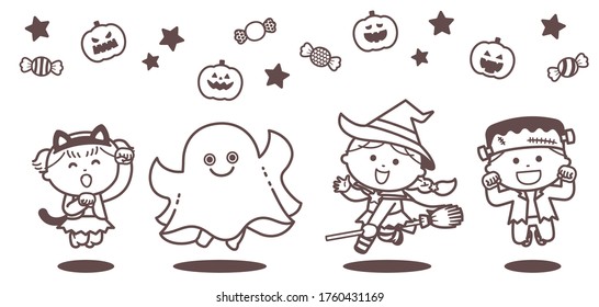 Children jumping in Halloween ghost costumes / Single Color