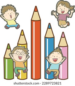 Children jumping happily with big colorful pencils