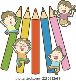 Children jumping happily with big colorful pencils