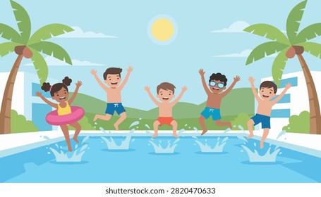 Children jumping happily into a sunny swimming pool with palm trees in the background.