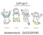 Children jumping into the future Simple and cute line drawing illustration